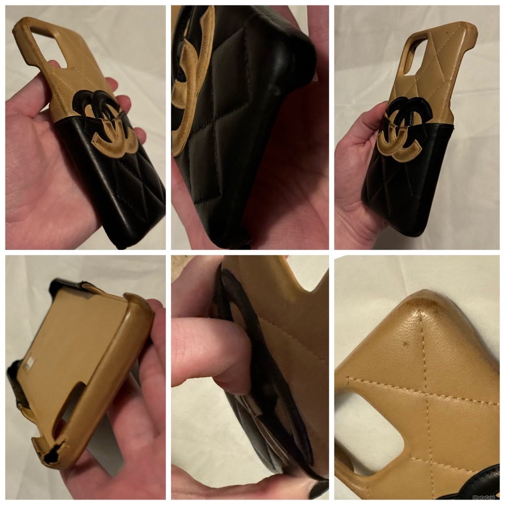 AUTHENTIC CHANEL Tan Black Matelasse Leather Interlocking CC Quilted Phone Case - Picture 8 of 16